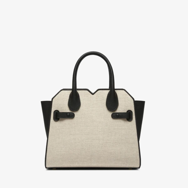 Valextra Milano Canvas Two Handles Mini Bag in Sand Brown and Black | Mini Bags | Luxury Shoes 