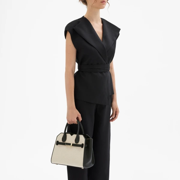 Valextra Milano Canvas Two Handles Mini Bag in Sand Brown and Black | Mini Bags | Luxury Shoes 