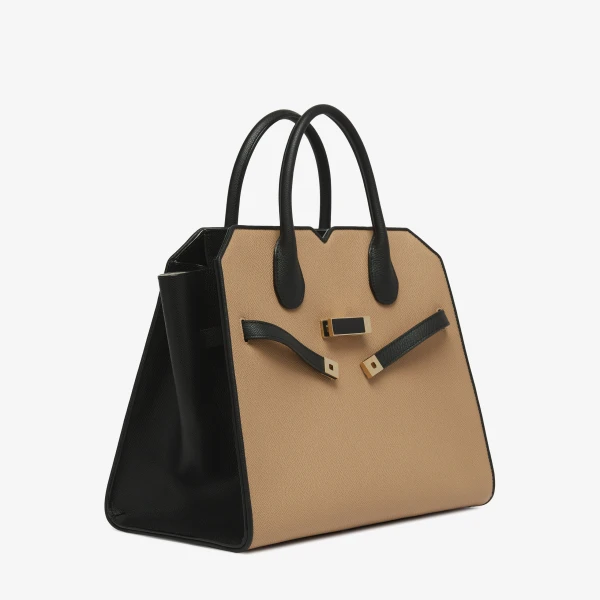 Valextra Milano Chiaroscuro Two Handles Medium Bag in Cashmere Beige and Black | Totes & Top-Handle Bags | Luxury Shoes 