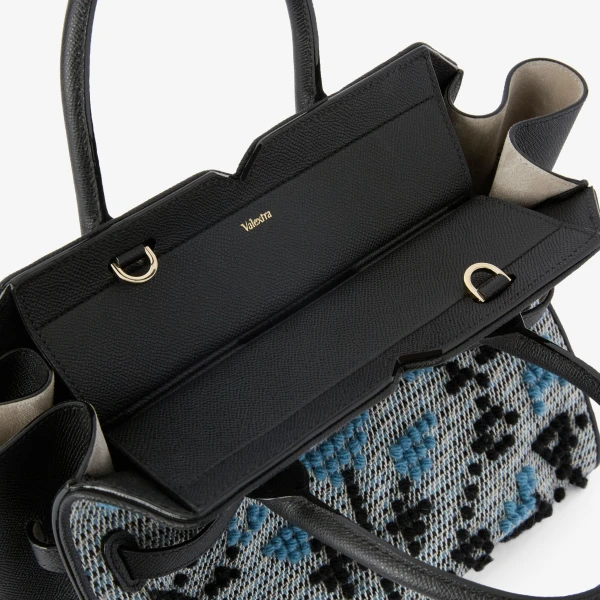 Valextra Milano Flower Pibiones Two Handles Medium Bag in Grey, Niagara Blue and Black | Totes & Top-Handle Bags | Luxury Shoes 