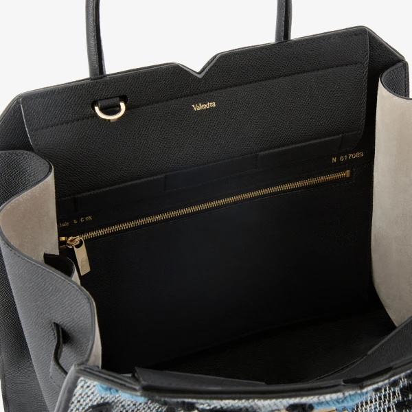 Valextra Milano Flower Pibiones Two Handles Medium Bag in Grey, Niagara Blue and Black | Totes & Top-Handle Bags | Luxury Shoes 