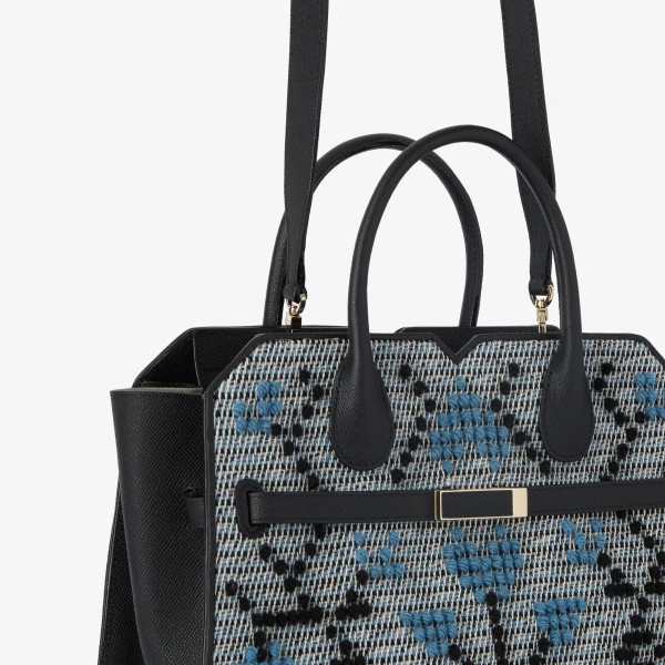 Valextra Milano Flower Pibiones Two Handles Medium Bag in Grey, Niagara Blue and Black | Totes & Top-Handle Bags | Luxury Shoes 