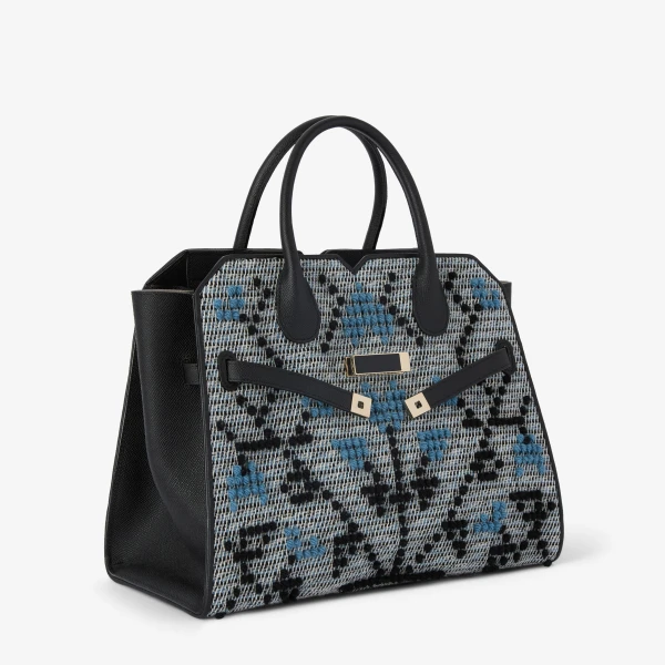 Valextra Milano Flower Pibiones Two Handles Medium Bag in Grey, Niagara Blue and Black | Totes & Top-Handle Bags | Luxury Shoes 