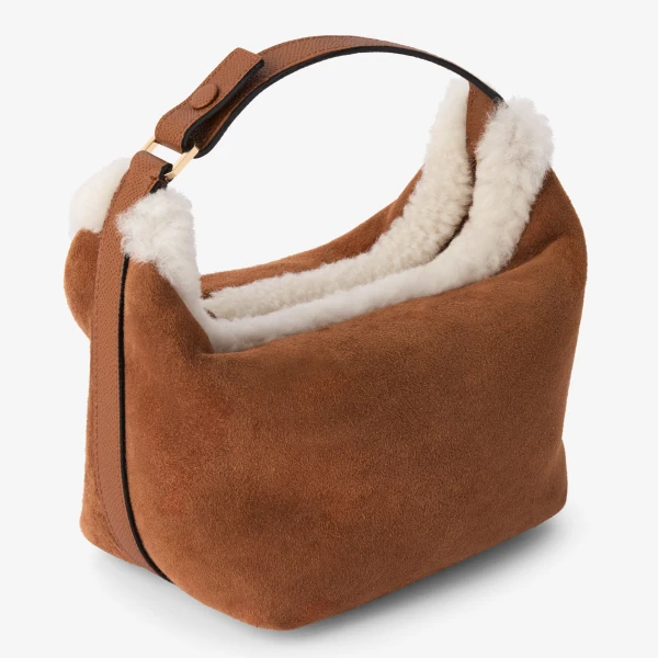 Valextra Mochi Suede Shearling Top Handle Mini Bag in Chocolate Brown | Mini Bags | Luxury Shoes 