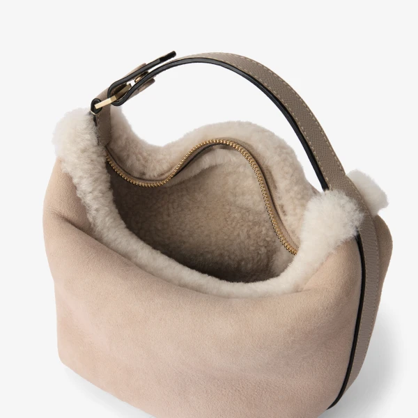 Valextra Mochi Suede Shearling Top Handle Mini Bag in Nude Pink | Mini Bags | Luxury Shoes 
