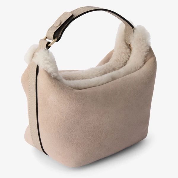 Valextra Mochi Suede Shearling Top Handle Mini Bag in Nude Pink | Mini Bags | Luxury Shoes 