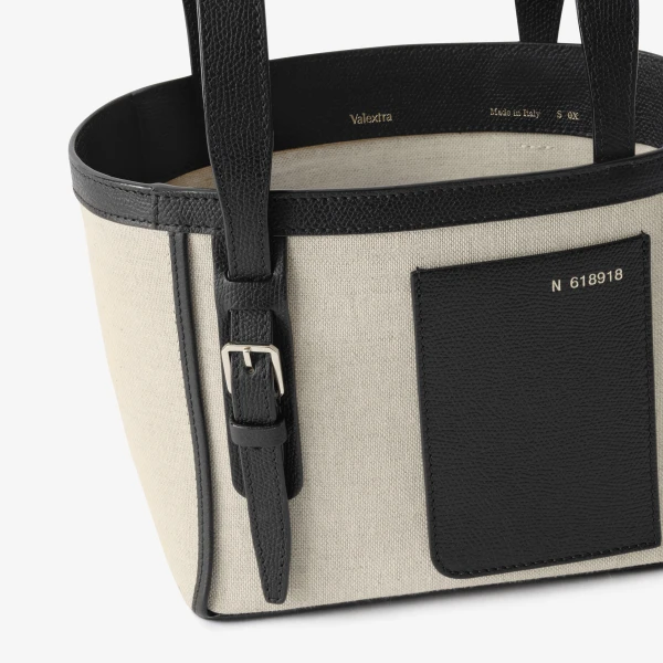 Valextra Soft Canvas Bucket Micro Bag in Sand Brown and Black | Bucket Bags | Luxury Shoes 