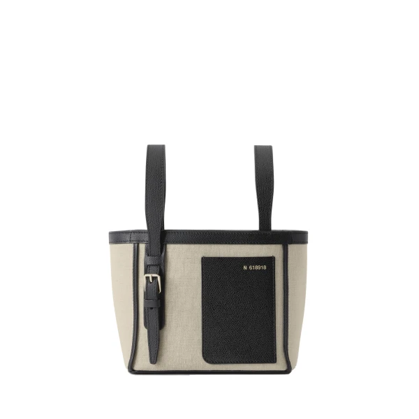 Valextra Soft Canvas Bucket Micro Bag in Sand Brown and Black | Bucket Bags | Luxury Shoes 