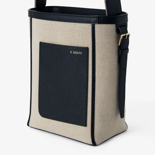Valextra Soft Canvas Bucket Mini Bag in Sand Brown and Black | Bucket Bags | Luxury Shoes 
