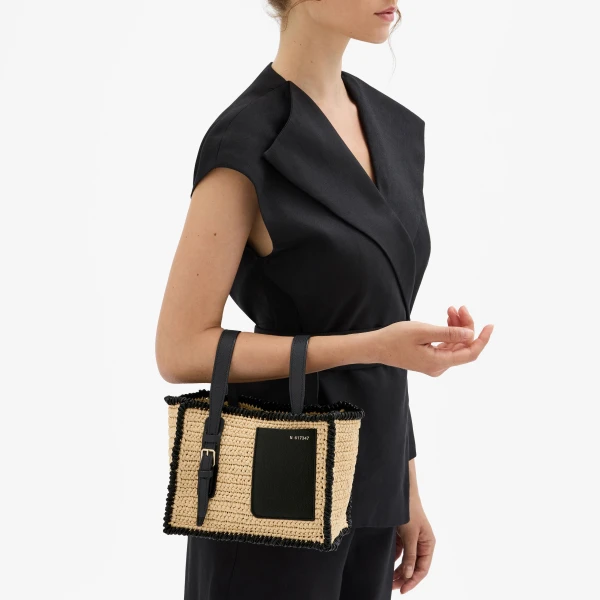 Valextra Soft Raffia Bucket Micro Bag in Beige and Black | Bucket Bags | Luxury Shoes 