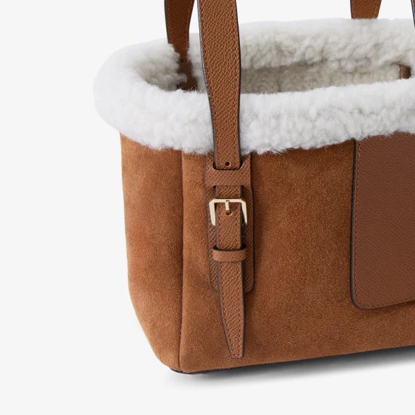 Valextra Soft Suede Shearling Bucket Micro Bag in Chocolate Brown | Bucket Bags | Luxury Shoes 