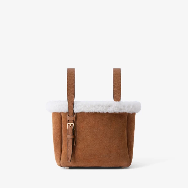 Valextra Soft Suede Shearling Bucket Micro Bag in Chocolate Brown | Bucket Bags | Luxury Shoes 