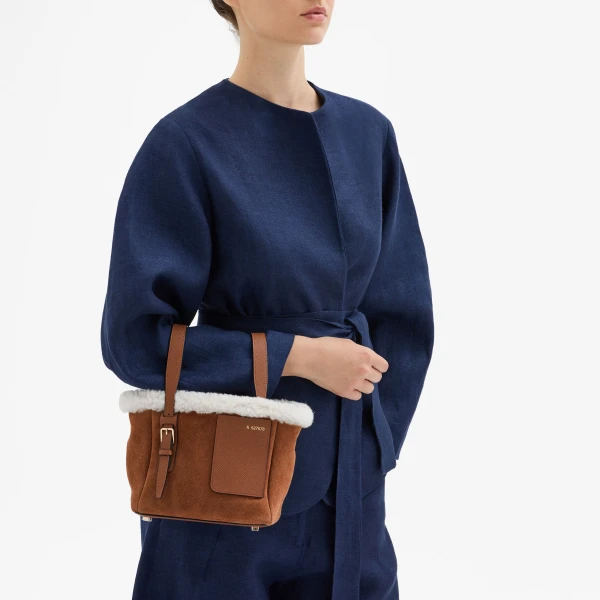 Valextra Soft Suede Shearling Bucket Micro Bag in Chocolate Brown | Bucket Bags | Luxury Shoes 
