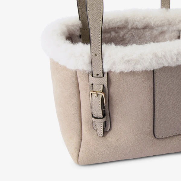 Valextra Soft Suede Shearling Bucket Micro Bag in Nude Pink | Bucket Bags | Luxury Shoes 