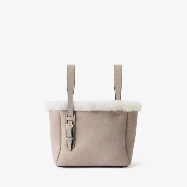 Valextra Soft Suede Shearling Bucket Micro Bag in Nude Pink | Bucket Bags | Luxury Shoes 
