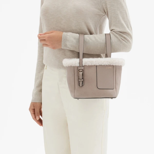 Valextra Soft Suede Shearling Bucket Micro Bag in Nude Pink | Bucket Bags | Luxury Shoes 