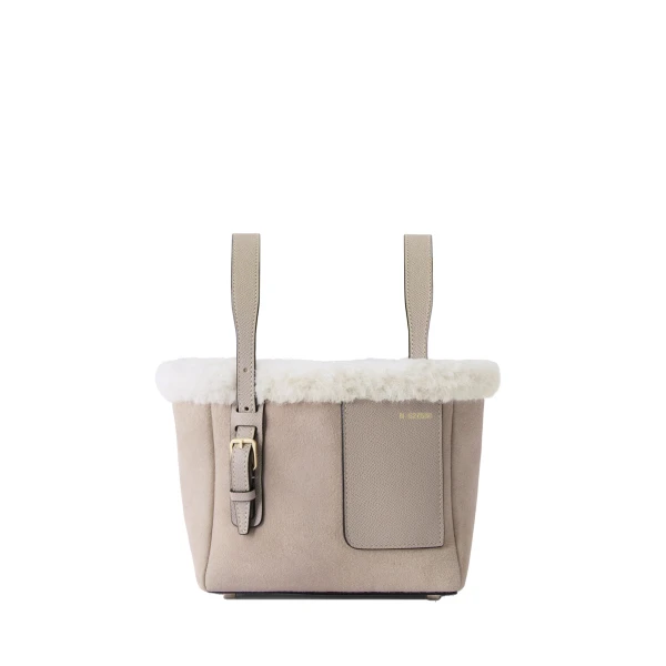 Valextra Soft Suede Shearling Bucket Micro Bag in Nude Pink | Bucket Bags | Luxury Shoes 