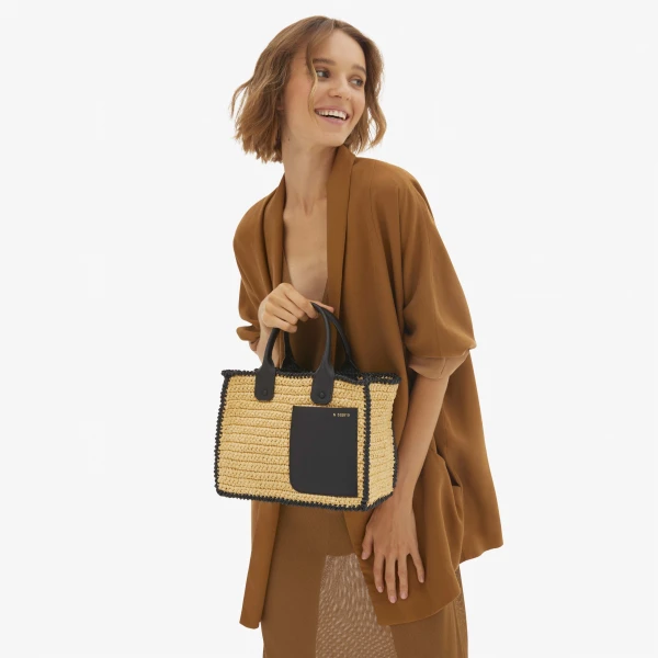 Valextra Soft Tote Raffia Crochet Mini Bag in Beige and Black | Mini Bags | Luxury Shoes 