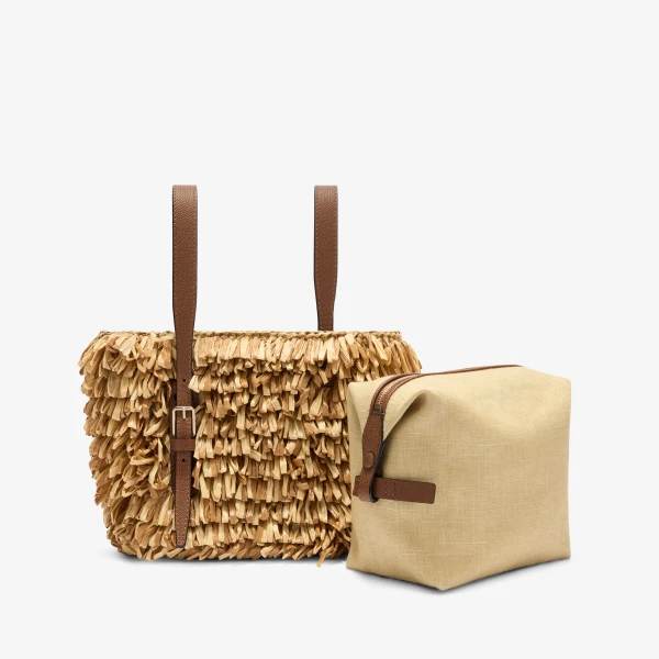 Valextra Soft Wavy Raffia Bucket Bag in Beige and Chocolate Brown | Bucket Bags | Luxury Shoes 
