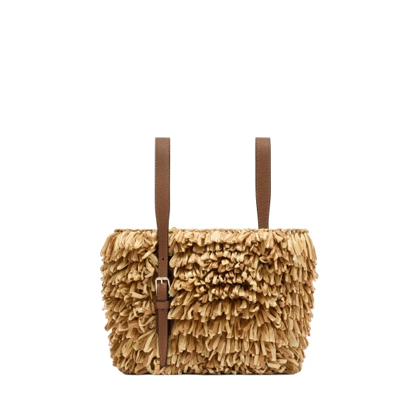 Soft Wavy Raffia Bucket Bag in Beige and Chocolate Brown