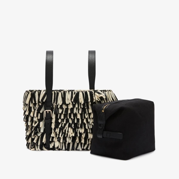 Valextra Soft Wavy Raffia Bucket Bag in Black and Pergamena White | Bucket Bags | Luxury Shoes 