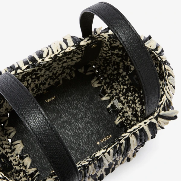 Valextra Soft Wavy Raffia Bucket Bag in Black and Pergamena White | Bucket Bags | Luxury Shoes 