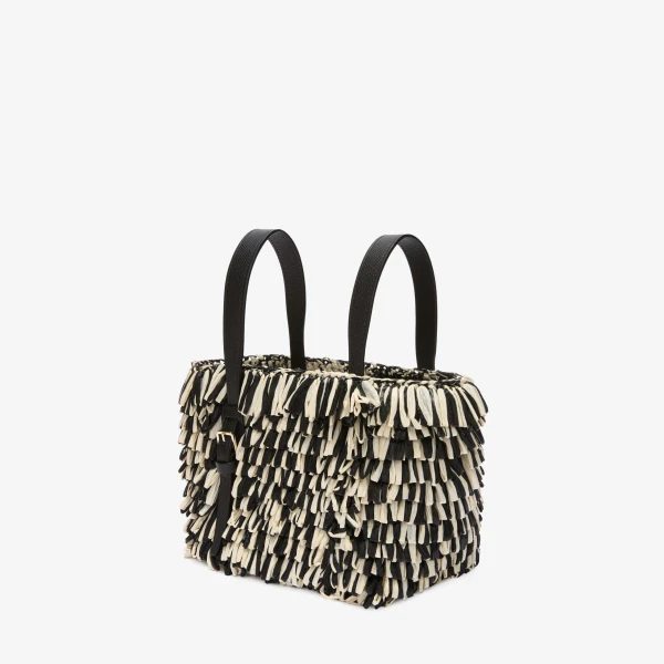 Valextra Soft Wavy Raffia Bucket Bag in Black and Pergamena White | Bucket Bags | Luxury Shoes 
