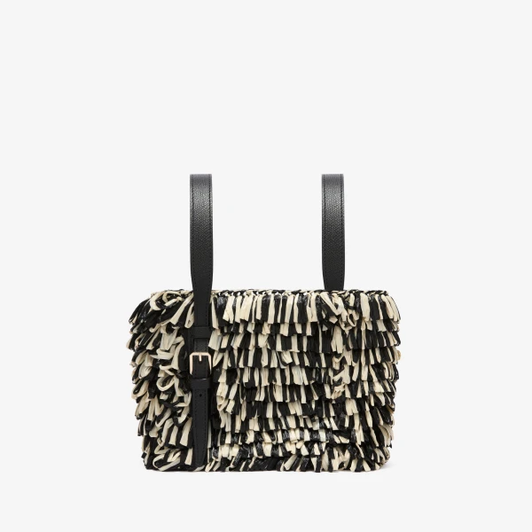 Valextra Soft Wavy Raffia Bucket Bag in Black and Pergamena White | Bucket Bags | Luxury Shoes 