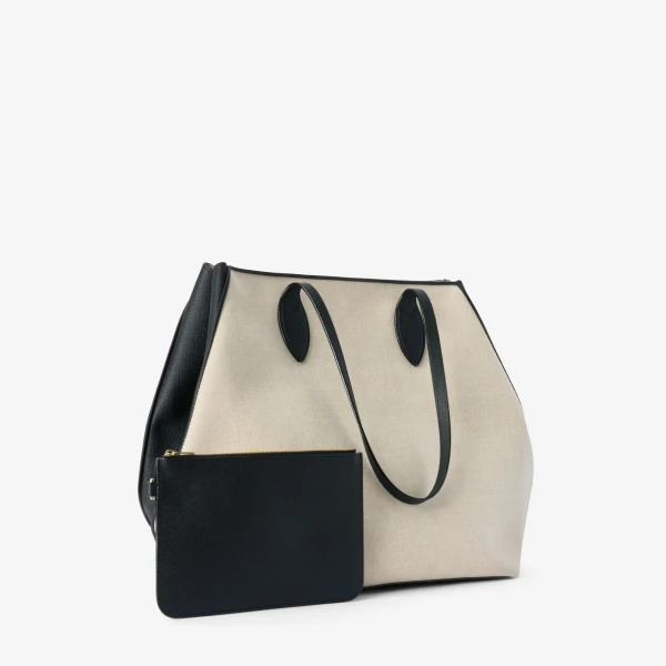 Valextra Vivi Canvas Shopping Large Bag in Sand Brown and Black | Totes & Top-Handle Bags | Luxury Shoes 