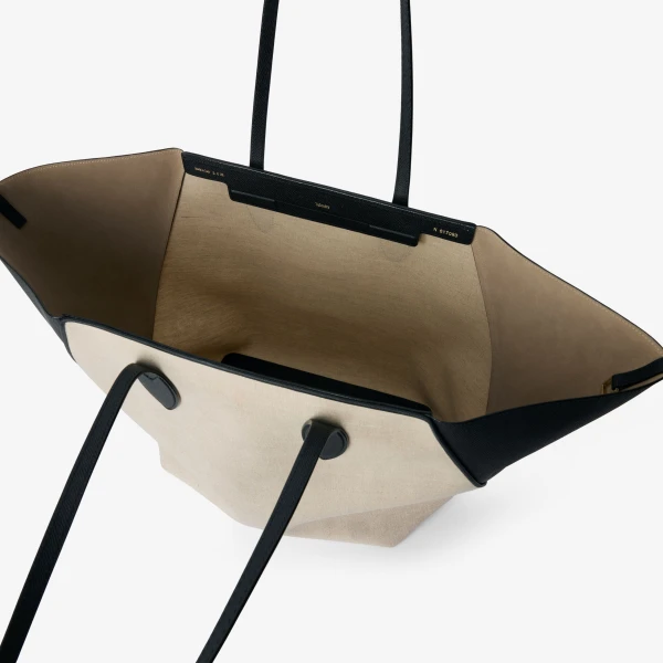 Valextra Vivi Canvas Shopping Large Bag in Sand Brown and Black | Totes & Top-Handle Bags | Luxury Shoes 