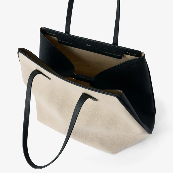 Valextra Vivi Canvas Shopping Large Bag in Sand Brown and Black | Totes & Top-Handle Bags | Luxury Shoes 