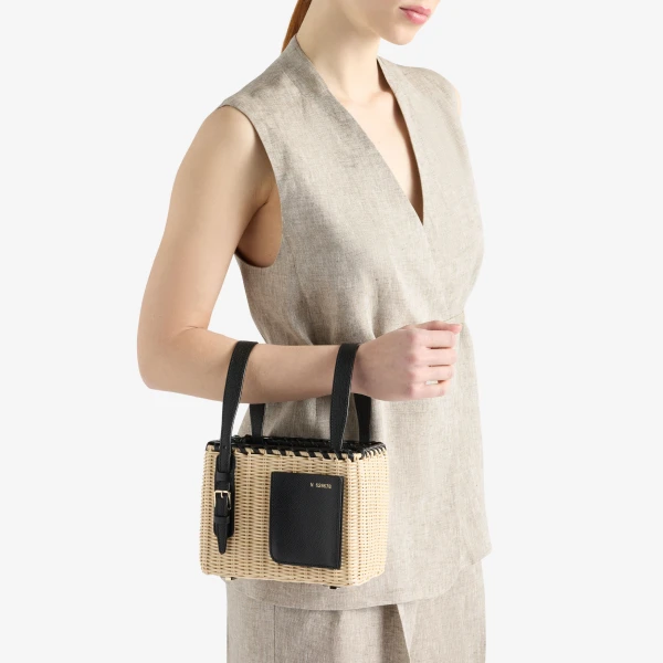 Valextra Wicker Bucket Micro Bag in Beige and Black | Bucket Bags | Luxury Shoes 