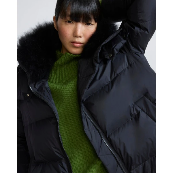 Yves Salomon A-Line Waterproof Down Jacket with Lambswool Trim in Black | Coats | Luxury Shoes 