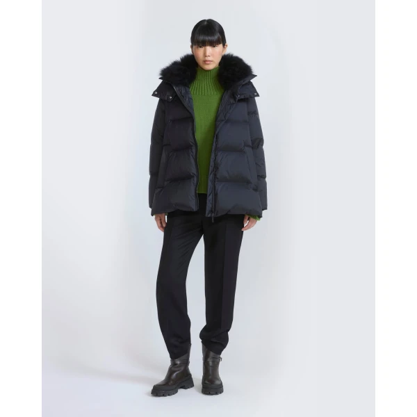 Yves Salomon A-Line Waterproof Down Jacket with Lambswool Trim in Black | Coats | Luxury Shoes 