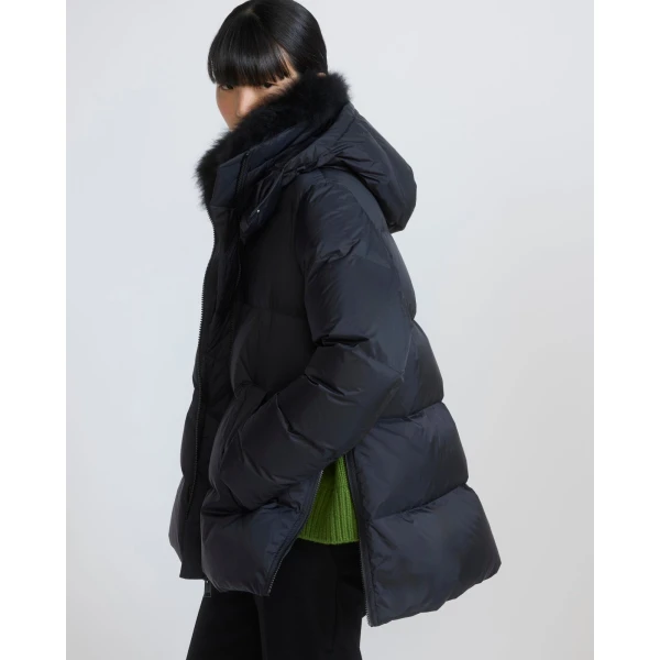 Yves Salomon A-Line Waterproof Down Jacket with Lambswool Trim in Black | Coats | Luxury Shoes 