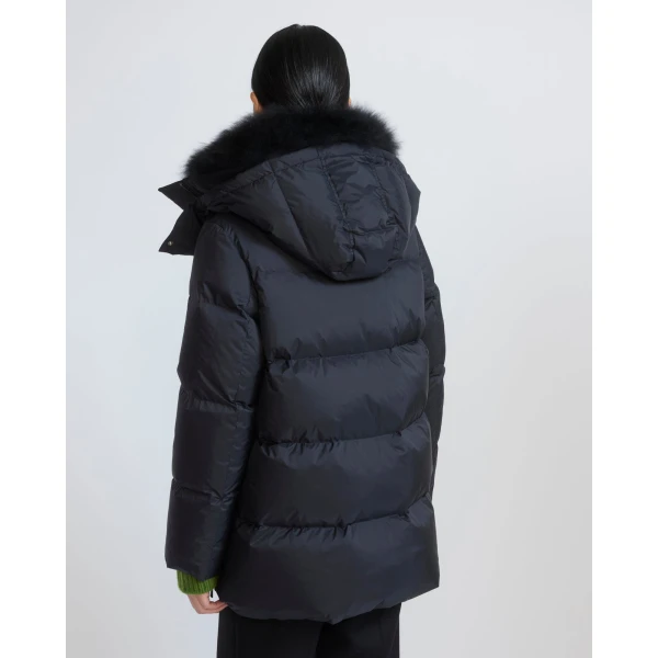 Yves Salomon A-Line Waterproof Down Jacket with Lambswool Trim in Black | Coats | Luxury Shoes 