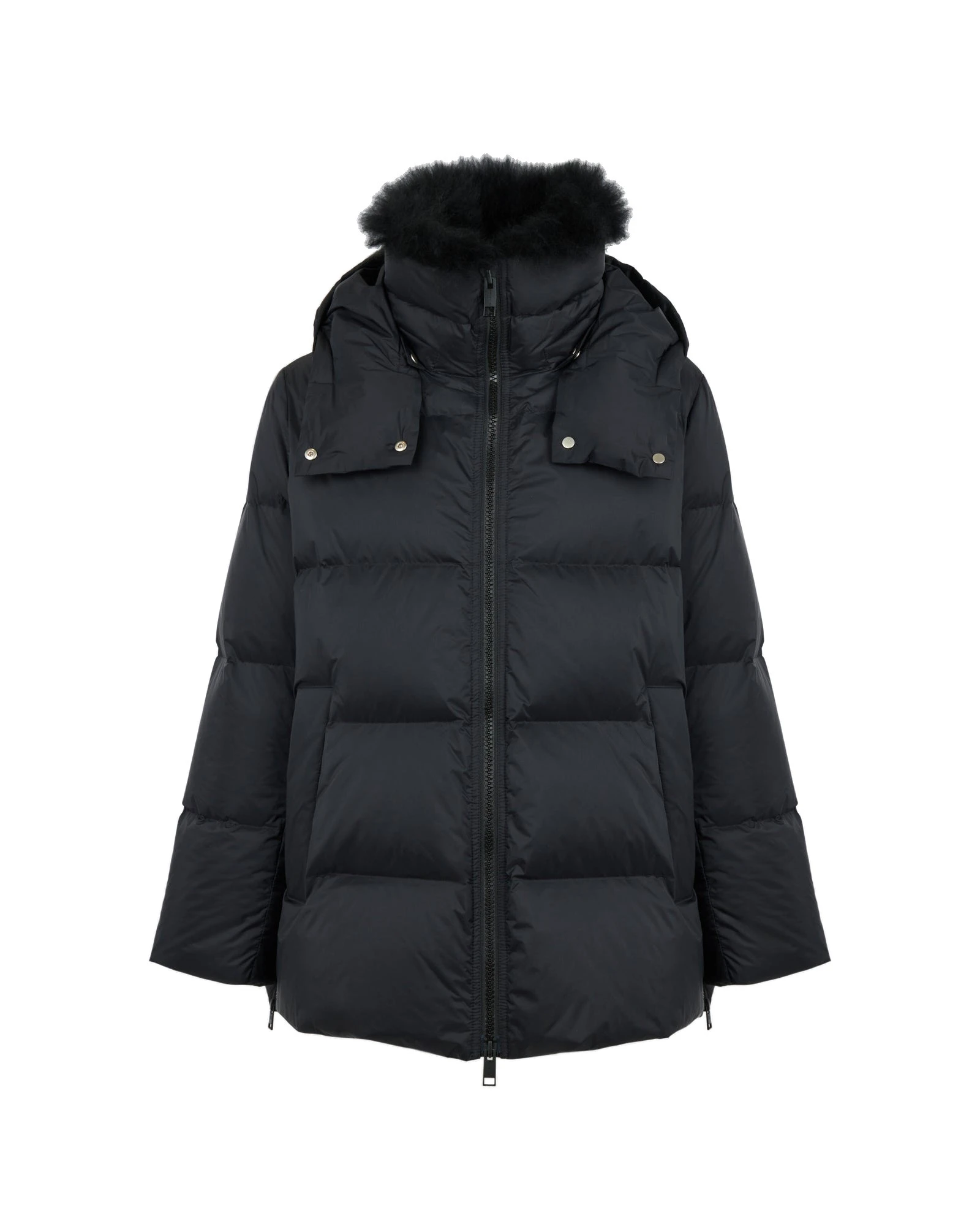 Yves Salomon A-Line Waterproof Down Jacket with Lambswool Trim in Black Yves Salomon A-Line Waterproof Down Jacket with Lambswool Trim in Black | Women | Luxury Shoes
