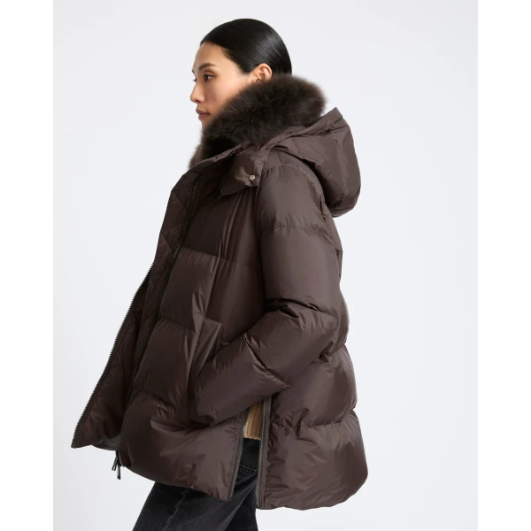 Yves Salomon A-Line Waterproof Down Jacket with Lambswool Trim in Brown | Coats | Luxury Shoes 