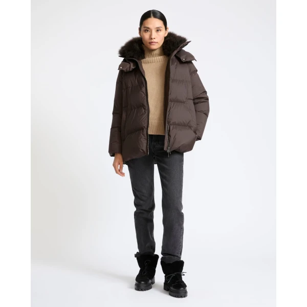 Yves Salomon A-Line Waterproof Down Jacket with Lambswool Trim in Brown | Coats | Luxury Shoes 