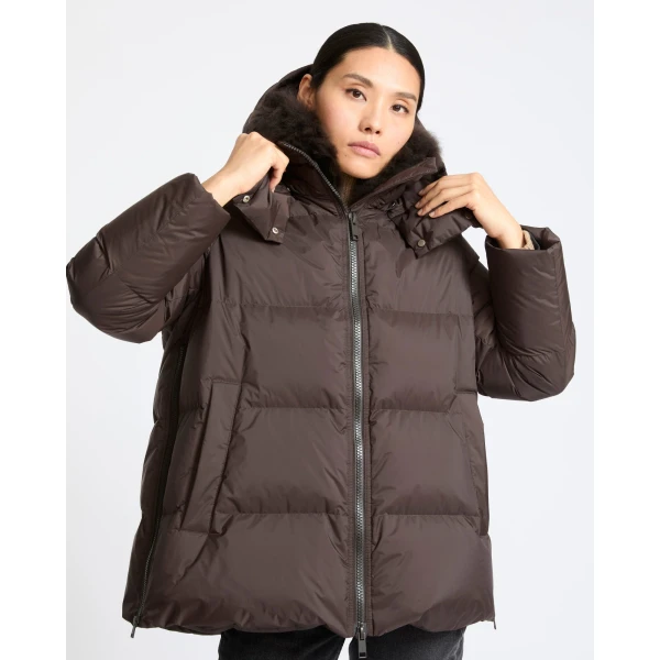 Yves Salomon A-Line Waterproof Down Jacket with Lambswool Trim in Brown | Coats | Luxury Shoes 