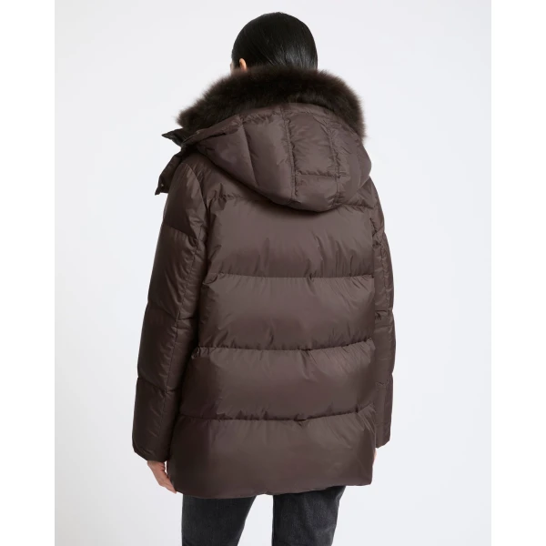 Yves Salomon A-Line Waterproof Down Jacket with Lambswool Trim in Brown | Coats | Luxury Shoes 