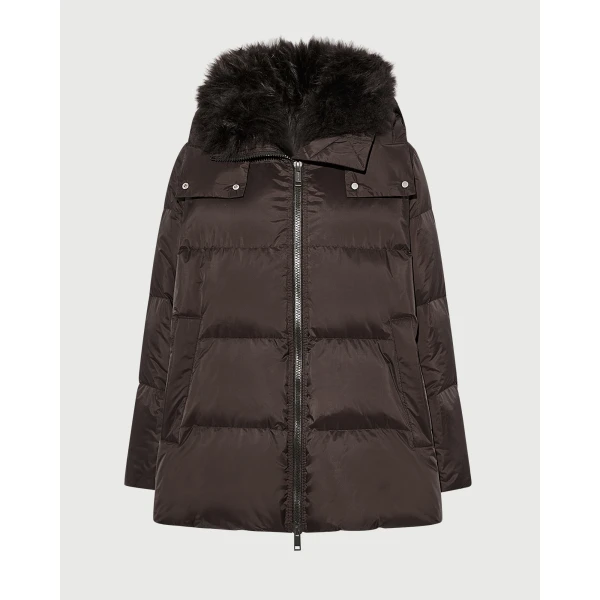 Yves Salomon A-Line Waterproof Down Jacket with Lambswool Trim in Brown | Coats | Luxury Shoes 