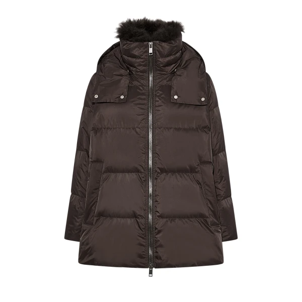 Yves Salomon A-Line Waterproof Down Jacket with Lambswool Trim in Brown | Women | Luxury Shoes 