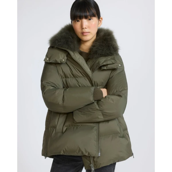 Yves Salomon A-Line Waterproof Down Jacket with Lambswool Trim in Khaki | Coats | Luxury Shoes 