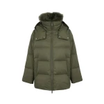 Yves Salomon A-Line Waterproof Down Jacket with Lambswool Trim in Khaki | Women | Luxury Shoes 