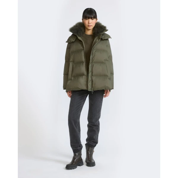 Yves Salomon A-Line Waterproof Down Jacket with Lambswool Trim in Khaki | Coats | Luxury Shoes 