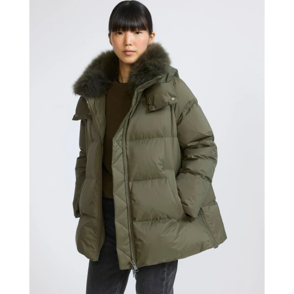 Yves Salomon A-Line Waterproof Down Jacket with Lambswool Trim in Khaki | Coats | Luxury Shoes 