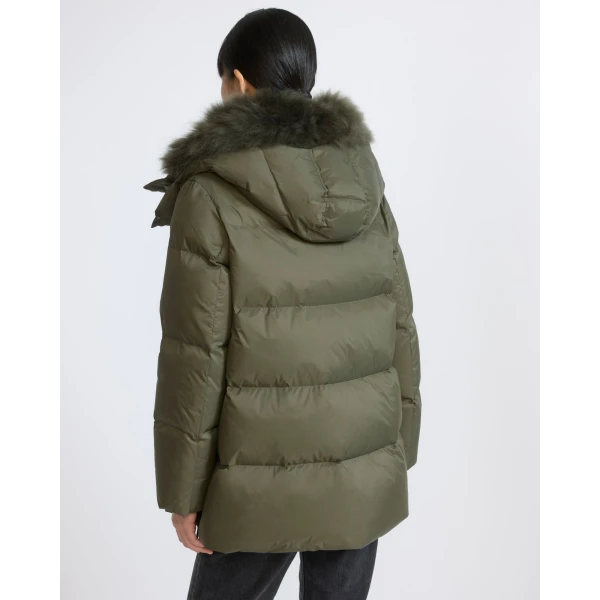 Yves Salomon A-Line Waterproof Down Jacket with Lambswool Trim in Khaki | Coats | Luxury Shoes 