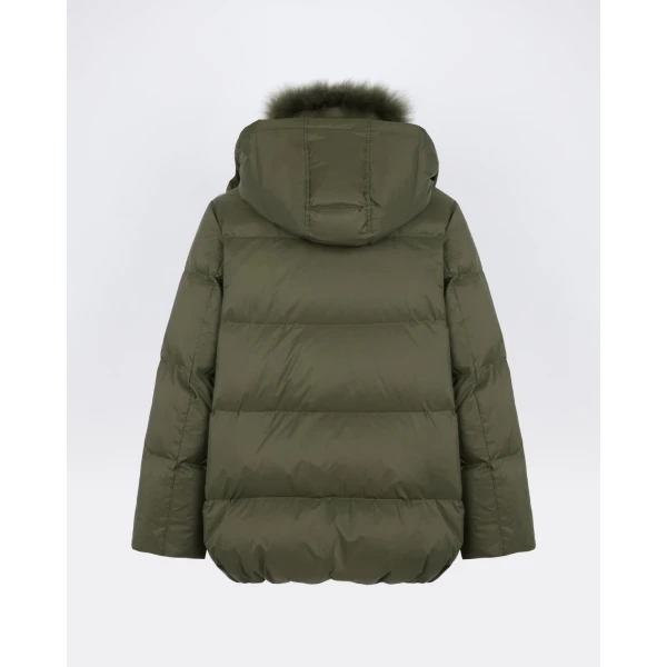 Yves Salomon A-Line Waterproof Down Jacket with Lambswool Trim in Khaki | Coats | Luxury Shoes 