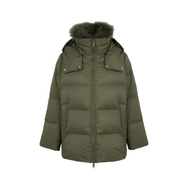 A-Line Waterproof Down Jacket with Lambswool Trim in Khaki
